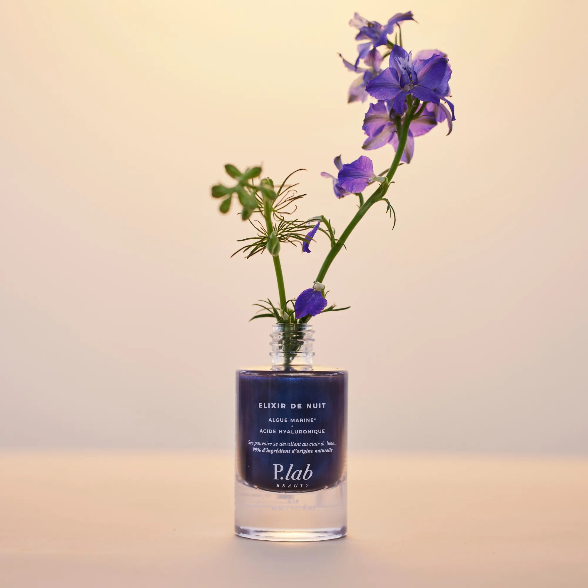 élixir de nuit bleu avec fleurs fond rose / violet