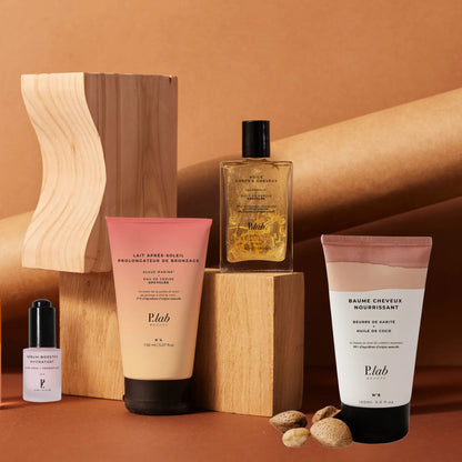 produits solaires fond marron et bois