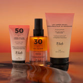 produits solaires sur eau fond coucher de soleil orange